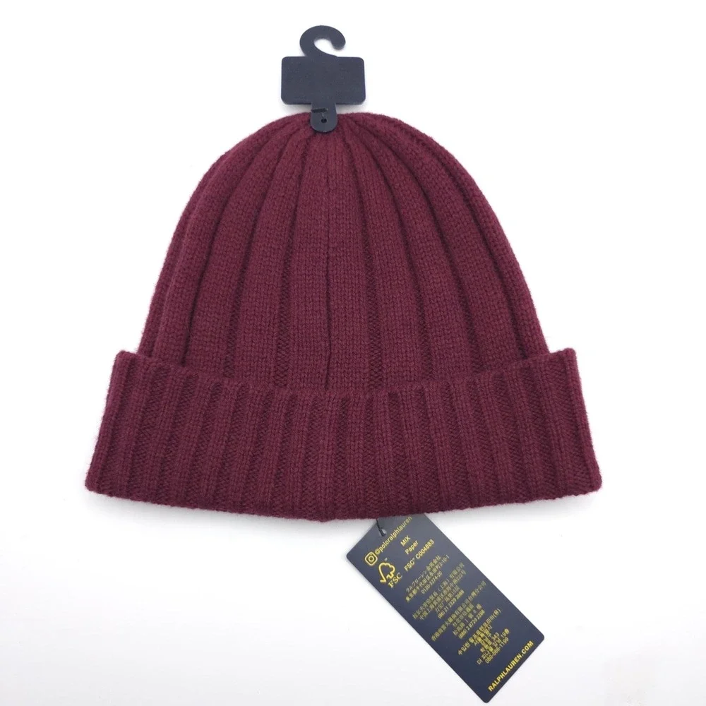 POLO RALPH LAUREN New Burgundy/‎ Wine Rib Knit Wool Blend Beanie Hat One Size